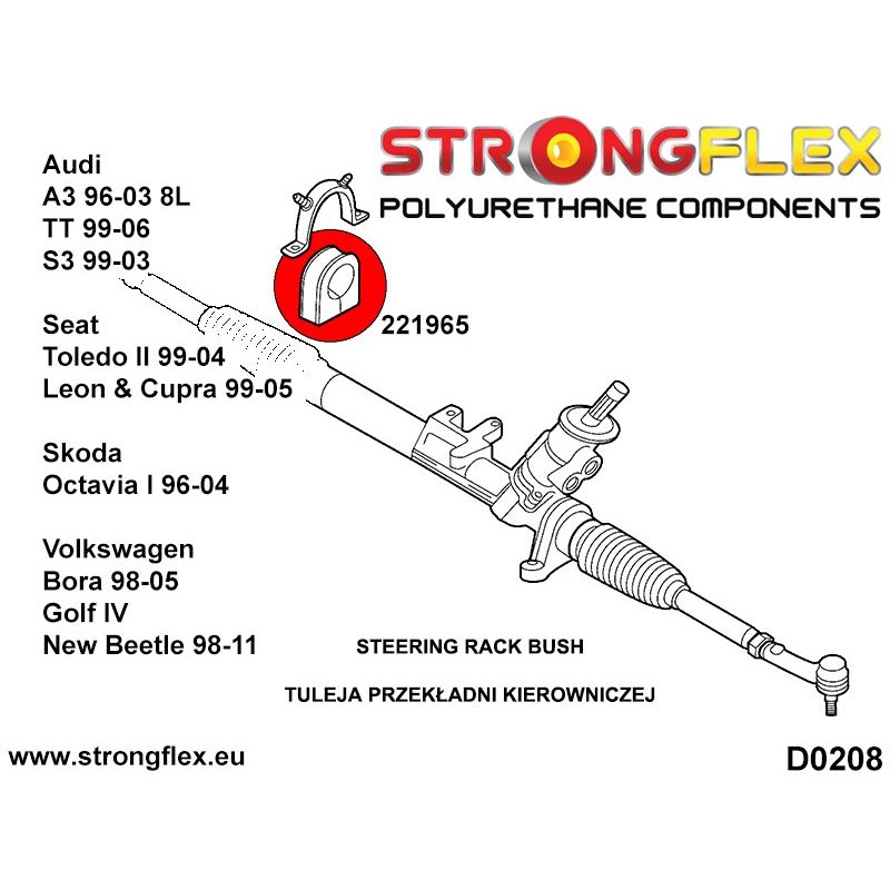 STRONGFLEX|221965A: Steering rack mount bush SPORT Audi A3/S3 RS3 I 96-03 8L FWD 99-03 Quattro Seat Leon diagram scheme:D0208