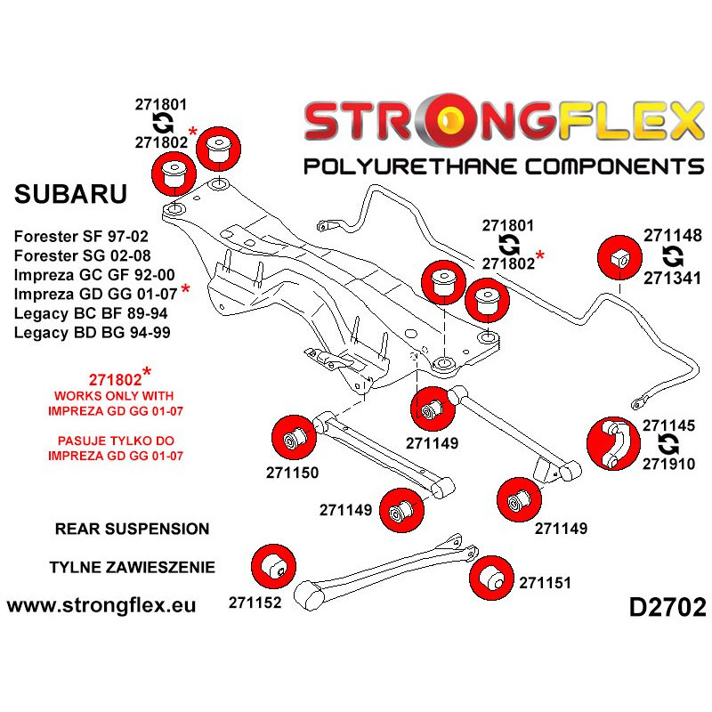 STRONGFLEX|271802A: Rear crossmember bush SPORT Saab 9-2X 04-06 Subaru Impreza II 00-07 GD diagram scheme:D2702