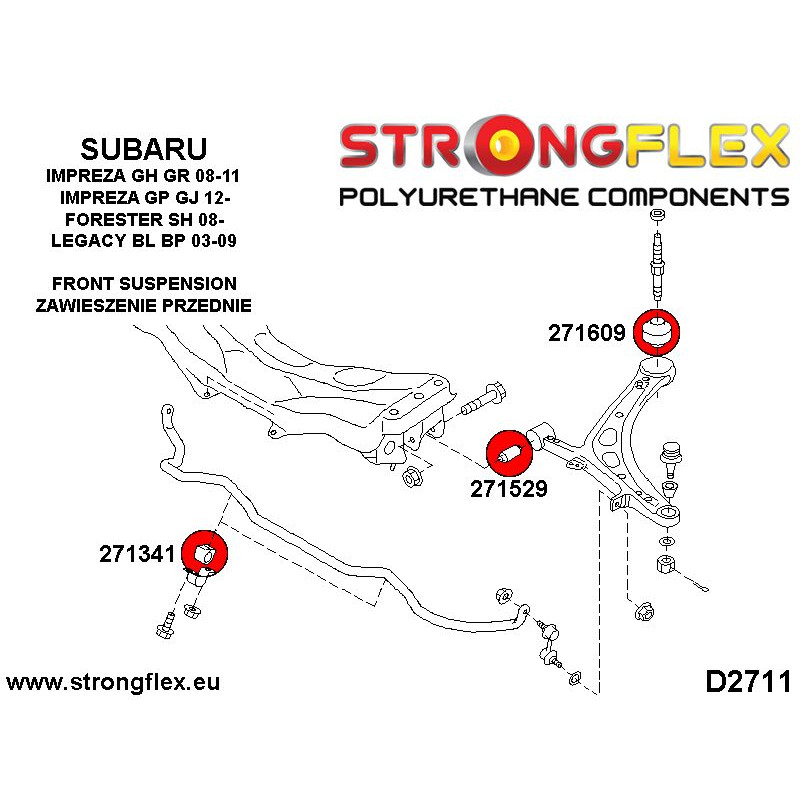 STRONGFLEX|276160A: Kompletny zestaw tulei zawieszenia SPORT Subaru Legacy/Outback Legacy IV/Outback III diagram schemat:D2711