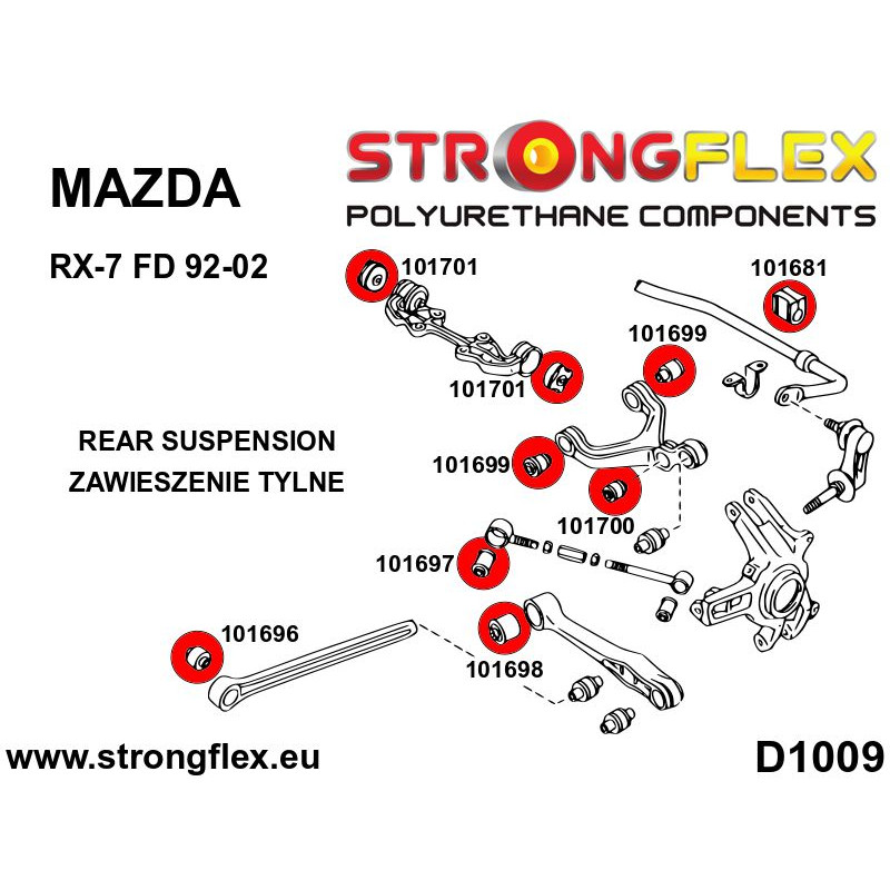 STRONGFLEX|101696A: Rear trailing arm - front bush SPORT Mazda RX-7 III 92-02 diagram scheme:D1009