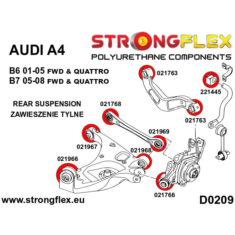 STRONGFLEX|021969A: Rear toe adjuster outer bush SPORT Audi A4/S4 RS4 II 01-05 B6 FWD Quattro III 05-08 B7 diagram scheme:D0209