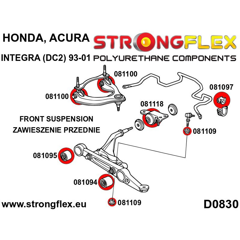 STRONGFLEX|086196A: Front suspension bush kit SPORT Acura Integra III 93-01 DB6/7/8/9/DC1/2/4 DC1/4 Type R diagram scheme:D0830