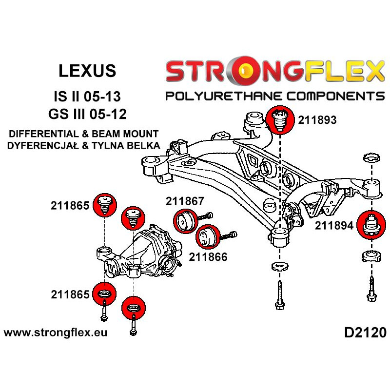 STRONGFLEX|216249A: Rear beam bush kit SPORT Lexus GS/F III 05-11 S190 IS II 05-13 XE20 diagram scheme:D2120