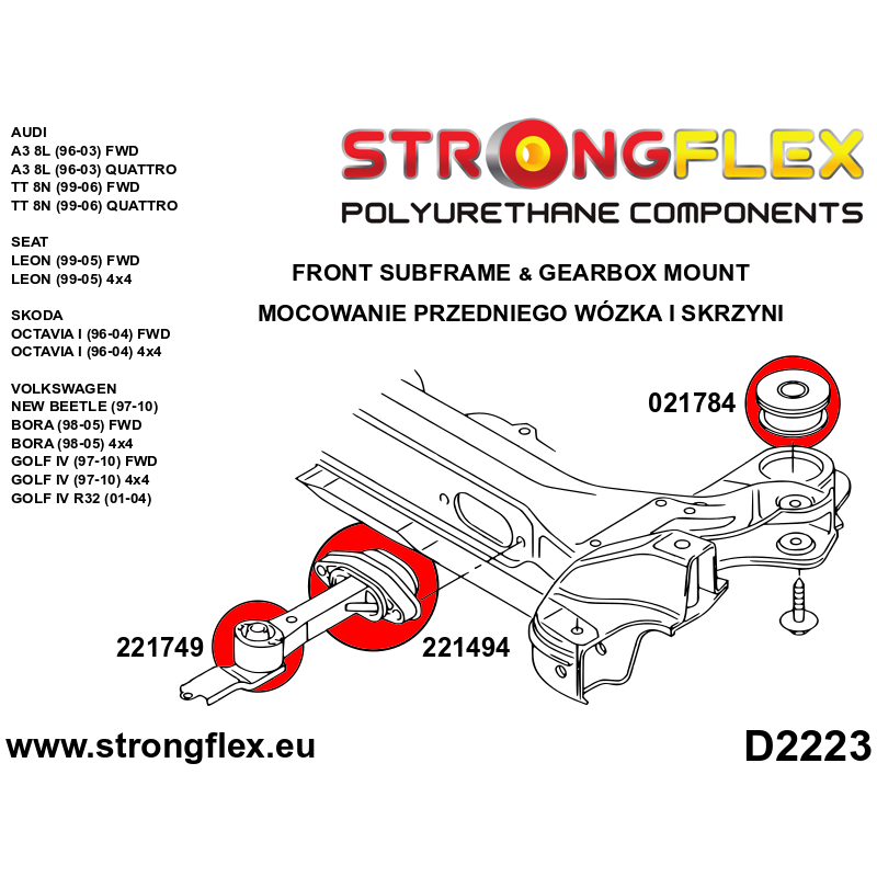 STRONGFLEX|021784A: Front subframe bush SPORT Audi A3/S3 RS3 I 96-03 8L FWD 99-03 Quattro TT TTS TTRS 8N diagram scheme:D2223