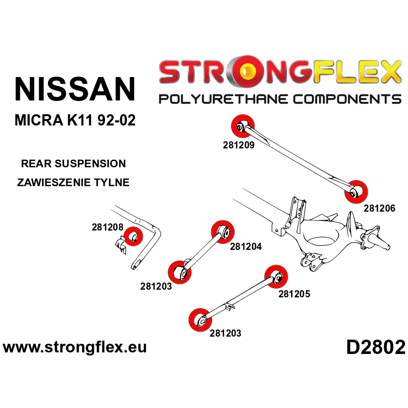 STRONGFLEX|281203A: Hinterer Querlenker - Vordere Buchse SPORT Nissan Micra II 92-02 Diagramm Schema:D2802