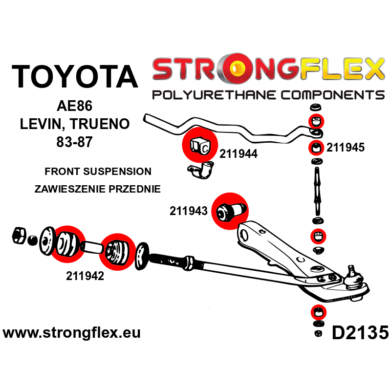 STRONGFLEX|211942B: Front radius arm Toyota Corolla V 83-90 E80 RWD 83-87 diagram scheme:D2135