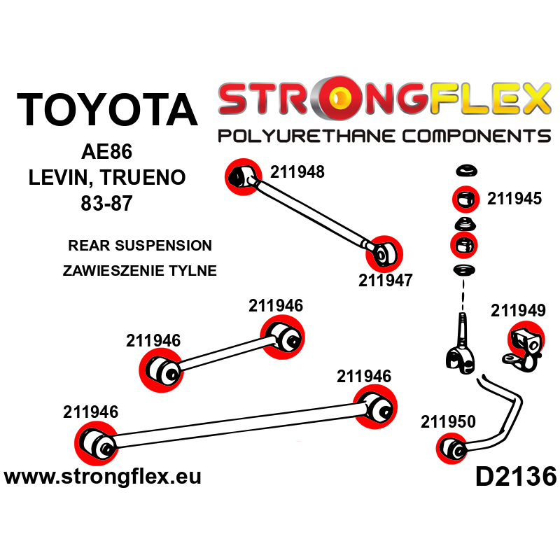 STRONGFLEX|211950B: Hintere Stabilisator-Verbindungsbuchse Toyota Corolla V 83-90 E80 RWD 83-87 Diagramm Schema:D2136