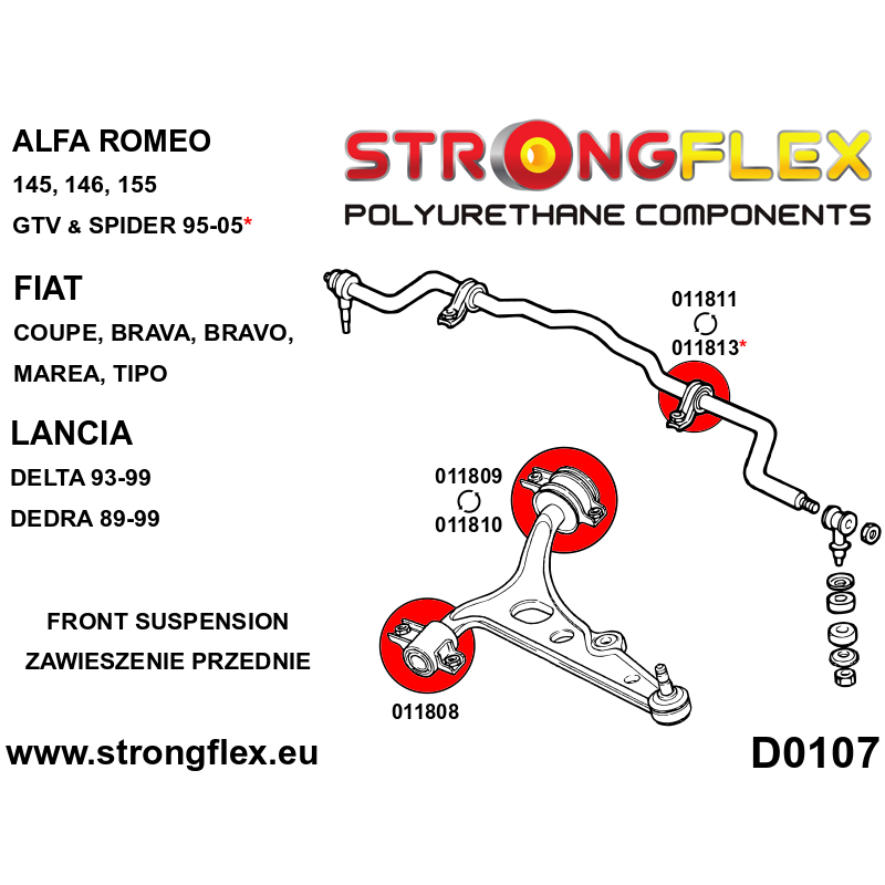 STRONGFLEX|011808A: Tuleja wahacza przedniego przednia SPORT Alfa Romeo GTV 95-05 type 916 145/146 94-00 diagram schemat:D0107