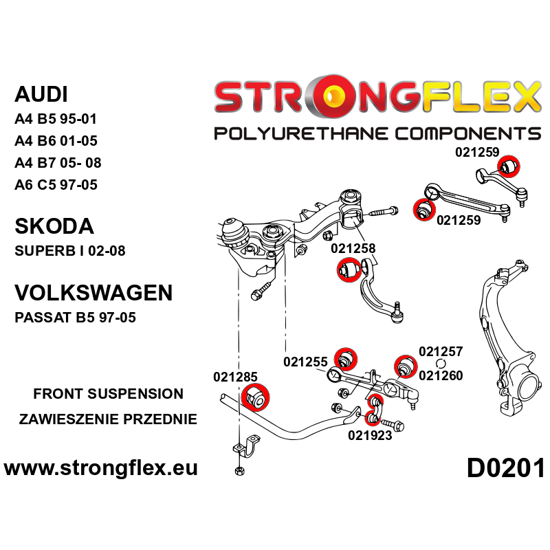 STRONGFLEX|021257A: Front lower wishbone outer bush 49mm SPORT Audi A6/S6 RS6 C5 97-04 Quattro Allroad FWD diagram scheme:D0201