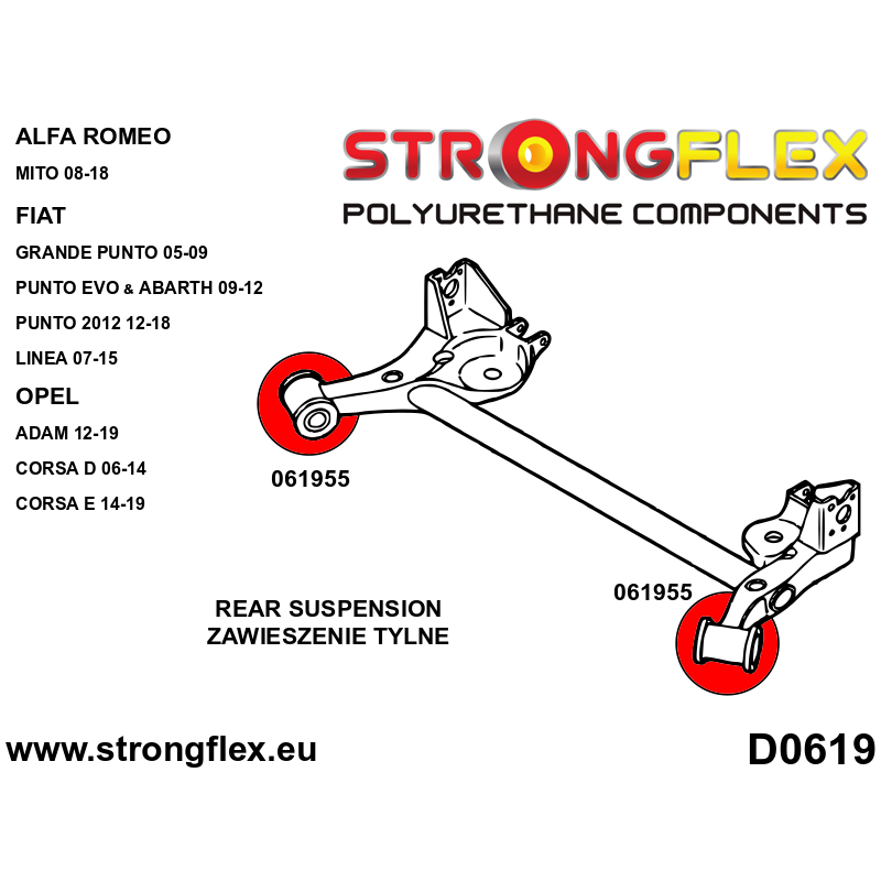 STRONGFLEX|066040A: Front suspension and ream beam bush kit SPORT Alfa Romeo Mito 08-18 type 955 Fiat diagram scheme:D0619