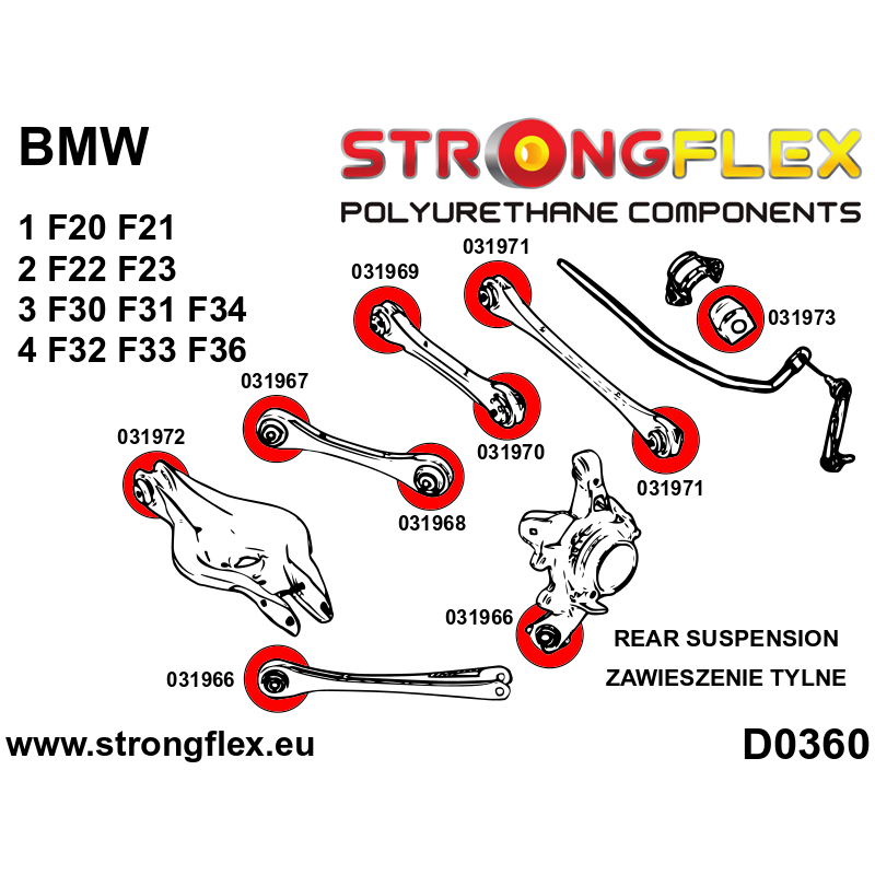 STRONGFLEX|031966A: Rear trailing arm bush SPORT BMW Seria 1 II 11-19 F20/F21 RWD 3 VI 13-20 F30 F31 F34 diagram scheme:D0360