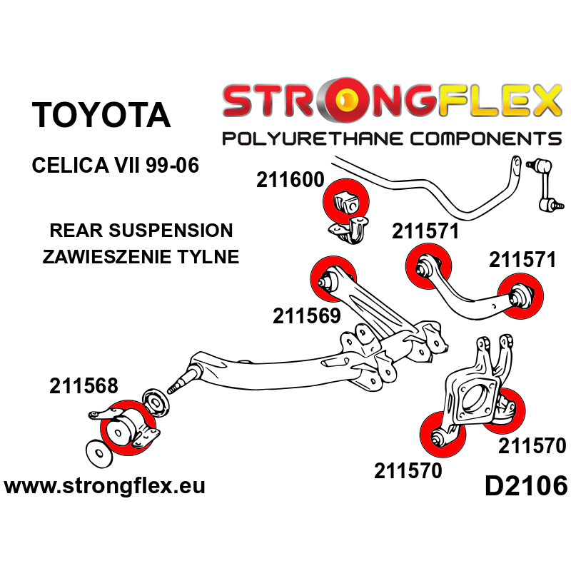 216181A: Polyurethan Buchsensatz für Vorder-und Hinterachse SPORT Toyota Celica VII 99-06 Diagramm Schema:D2106