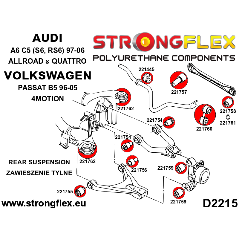 STRONGFLEX|221762B: Rear subframe bush Audi A6/S6 RS6 C5 97-04 Quattro Allroad Volkswagen Passat V 97-05 diagram scheme:D2215