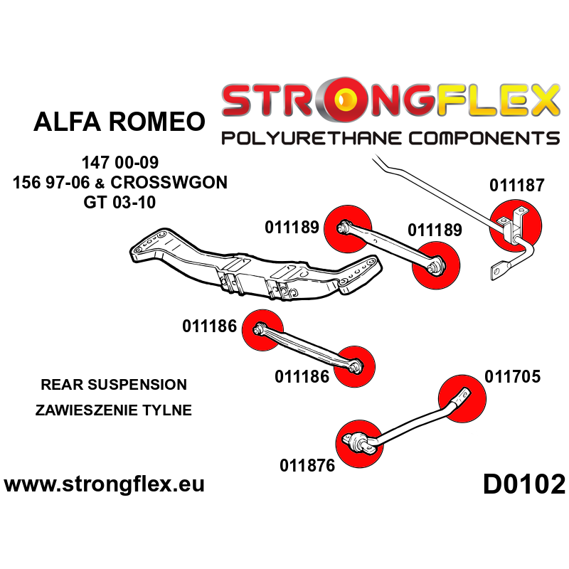 STRONGFLEX|011876B: Rear trailing arm - front bush Alfa Romeo 147 00-10 type 937 156 97-07 932 GT 03-10 diagram scheme:D0102