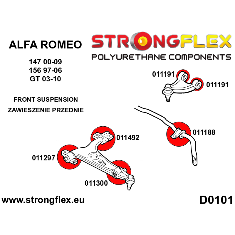 STRONGFLEX|016075A: Front suspension bush kit SPORT Alfa Romeo 147 00-10 type 937 156 97-07 932 GT 03-10 diagram scheme:D0101