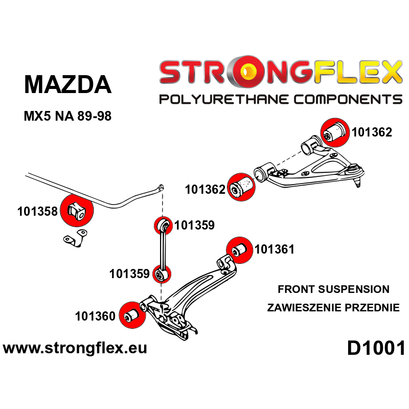 STRONGFLEX|106128B: Kompletter Polyurethan Buchsensatz Mazda MX-5/Miata Roadster I 89-98 Diagramm Schema:D1001