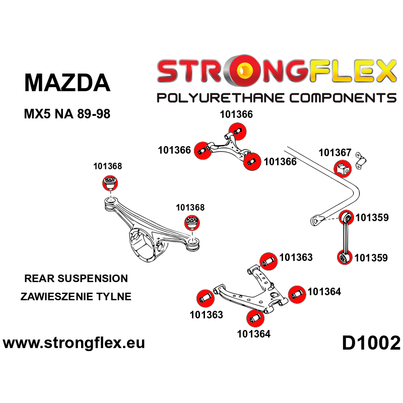 STRONGFLEX|106128B: Full suspension polyurethane bush kit Mazda MX-5/Miata Roadster I 89-98 diagram scheme:D1002