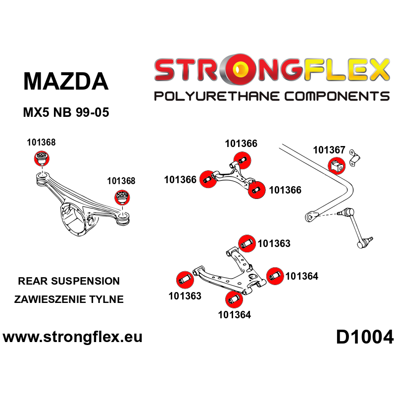 STRONGFLEX|101368B:Hinterachse Differential Aufhängung Buchse Mazda MX-5/Miata Roadster I 89-98 NA II Diagramm Schema:D1004