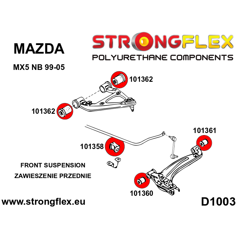 STRONGFLEX|101361A: Front lower rear bush SPORT Mazda MX-5/Miata Roadster I 89-98 NA II 99-05 NB diagram scheme:D1003