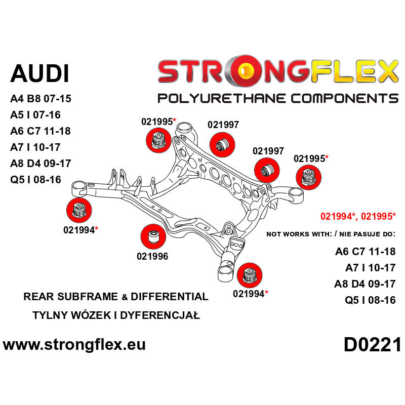 STRONGFLEX|021995B: Tuleja tylnego wózka – tylna Audi A4/S4 RS4 IV 07-15 B8 FWD Quattro Allroad A5 S5 diagram schemat:D0221