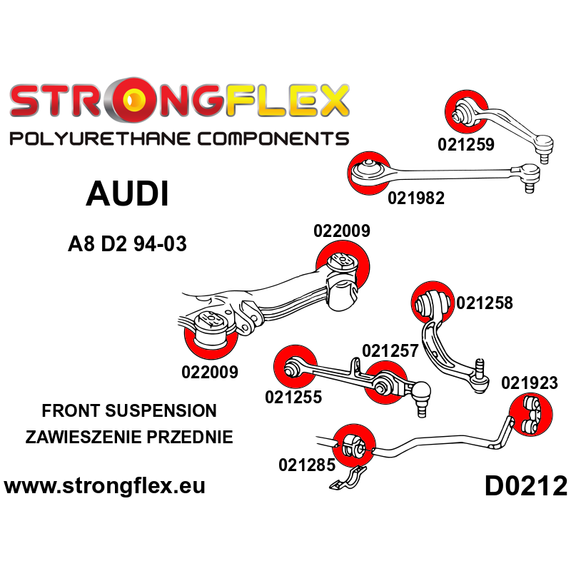 STRONGFLEX|021982A: Tuleja wahacza przedniego górnego SPORT Audi A8/S8 D2 94-02 FWD diagram schemat:D0212