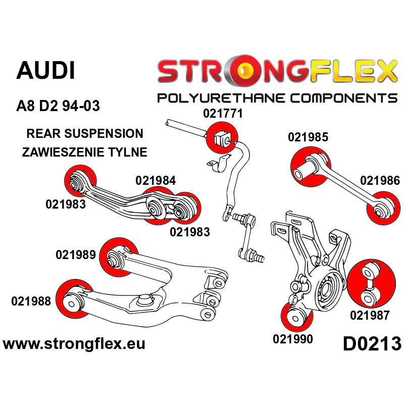 STRONGFLEX|026244A: Full suspension polyurethane bush kit SPORT Audi A8/S8 D2 94-02 diagram scheme:D0213