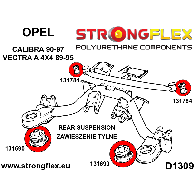 STRONGFLEX|131690B: Tuleja belki tylnej Opel/Vauxhall Calibra 89-97 Vectra Cavalier A mk3 88-95 88-93 4x4 diagram schemat:D1309