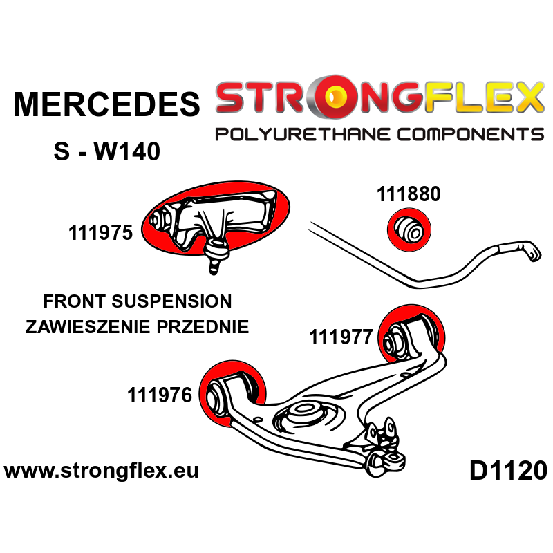 STRONGFLEX|116250A: Full suspension  polyurethane bush kit SPORT Mercedes Class S W140 91-98 CL C140 diagram scheme:D1120