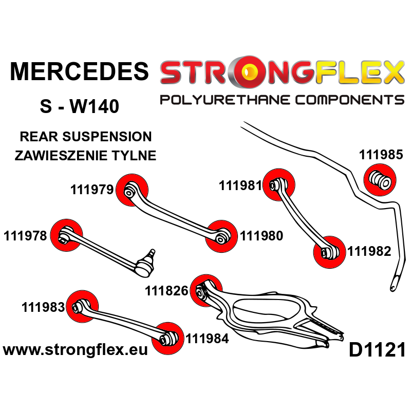 STRONGFLEX|116250A: Full suspension  polyurethane bush kit SPORT Mercedes Class S W140 91-98 CL C140 diagram scheme:D1121