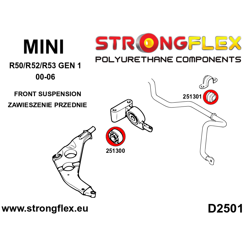 STRONGFLEX|251300A: Front control arm bush SPORT Mini R50/R52/R53 diagram scheme:D2501