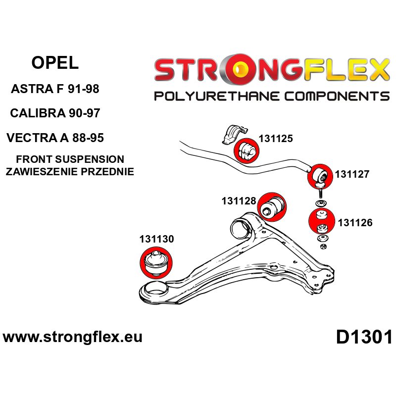 STRONGFLEX|131125B: Front anti roll bar bush Opel/Vauxhall Astra F 91-98 Calibra 89-97 Vectra Cavalier A diagram scheme:D1301