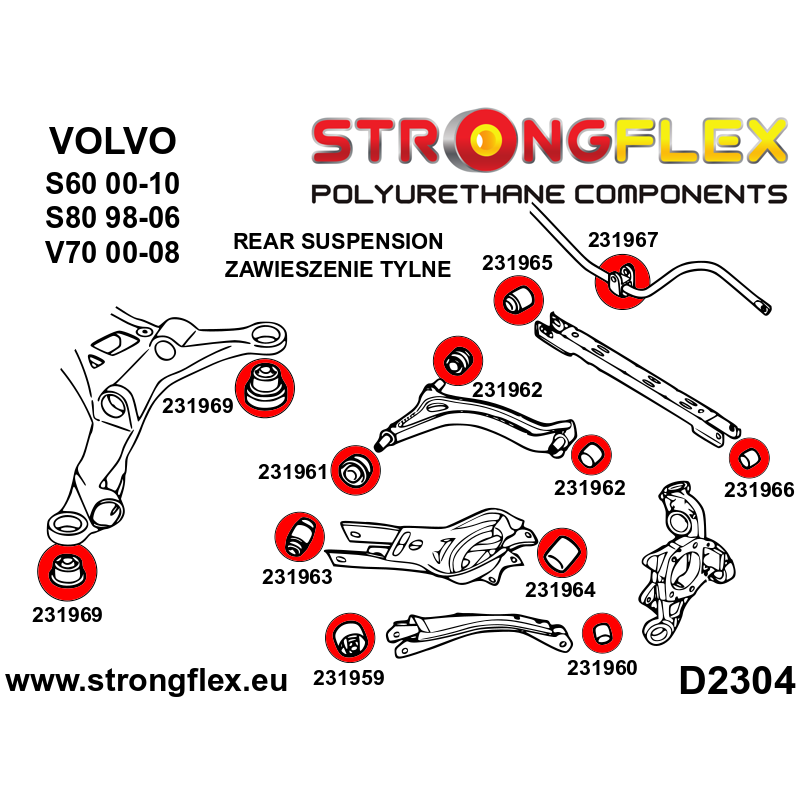 STRONGFLEX|231960A: Hinterachse Längslenker hintere Buchse SPORT Volvo S80 I 98-06 V70 XC/XC70 01- -07 Diagramm Schema:D2304