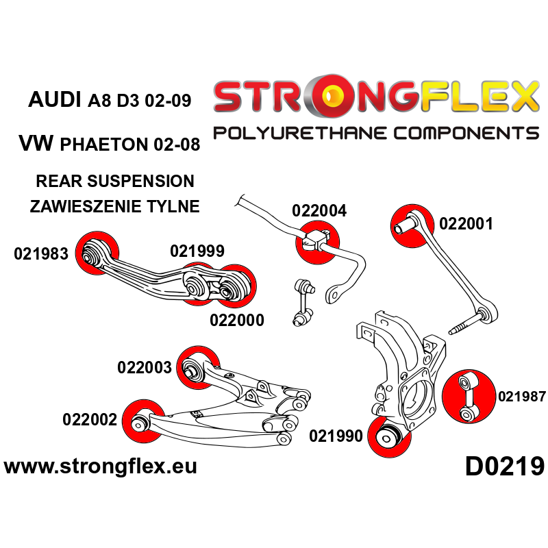 STRONGFLEX|021987A: Rear lower arm link bush SPORT Audi A8/S8 D2 94-02 FWD Quattro D3 02-09 Volkswagen diagram scheme:D0219