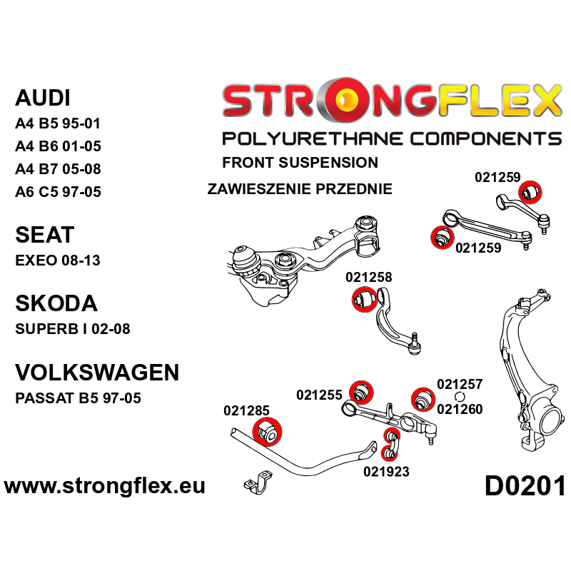 STRONGFLEX|026080A: Front suspension bush kit SPORT Audi A6/S6 RS6 C5 97-04 Quattro Allroad FWD A4 S4 RS4 diagram scheme:D0201