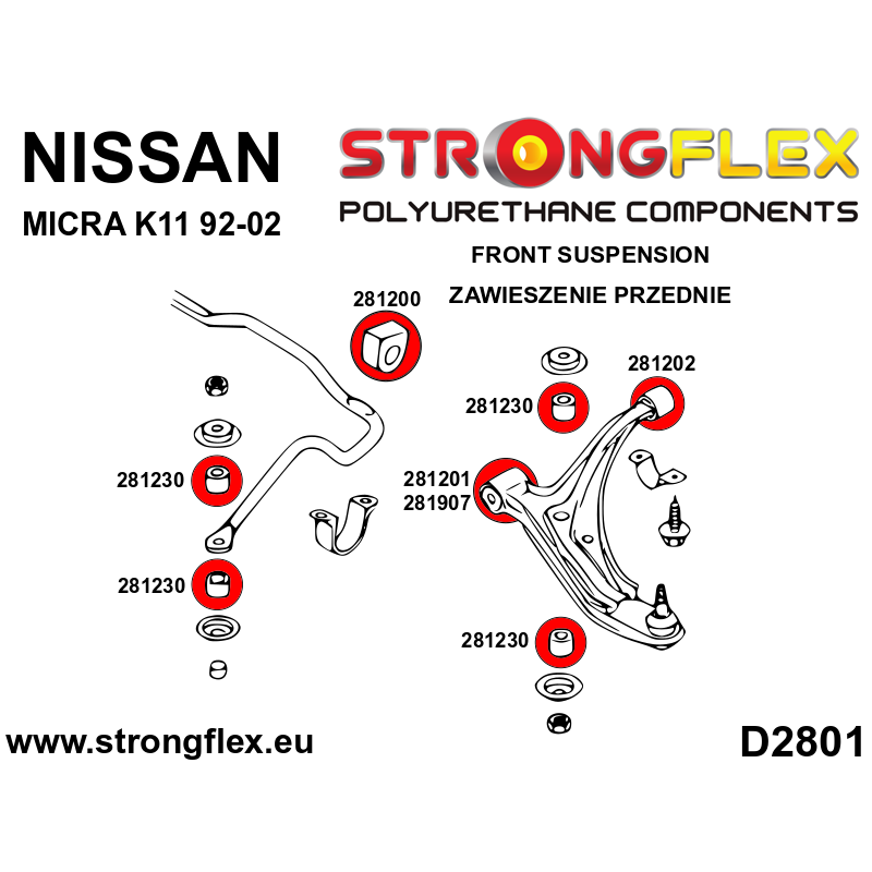 STRONGFLEX|286057A: Komplettes Fahrwerk Buchsen-Kit SPORT Nissan Micra II 92-02 Diagramm Schema:D2801