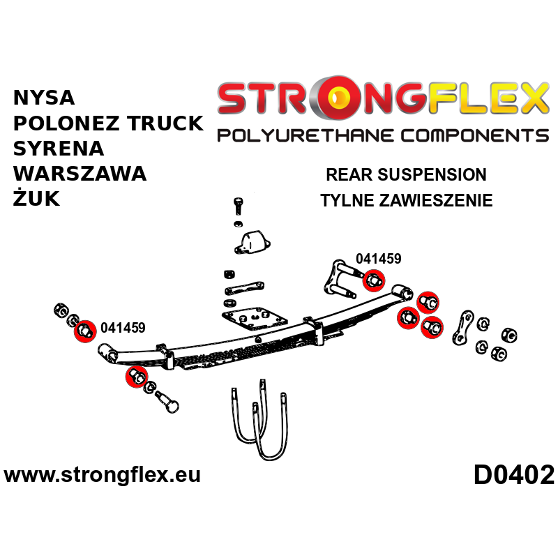 STRONGFLEX|041459B: Federbuchse hinten Polonez Truck 8803 Nysa 5994 Żuk 5998 Warszawa 51-73 Syrena Diagramm Schema:D0402