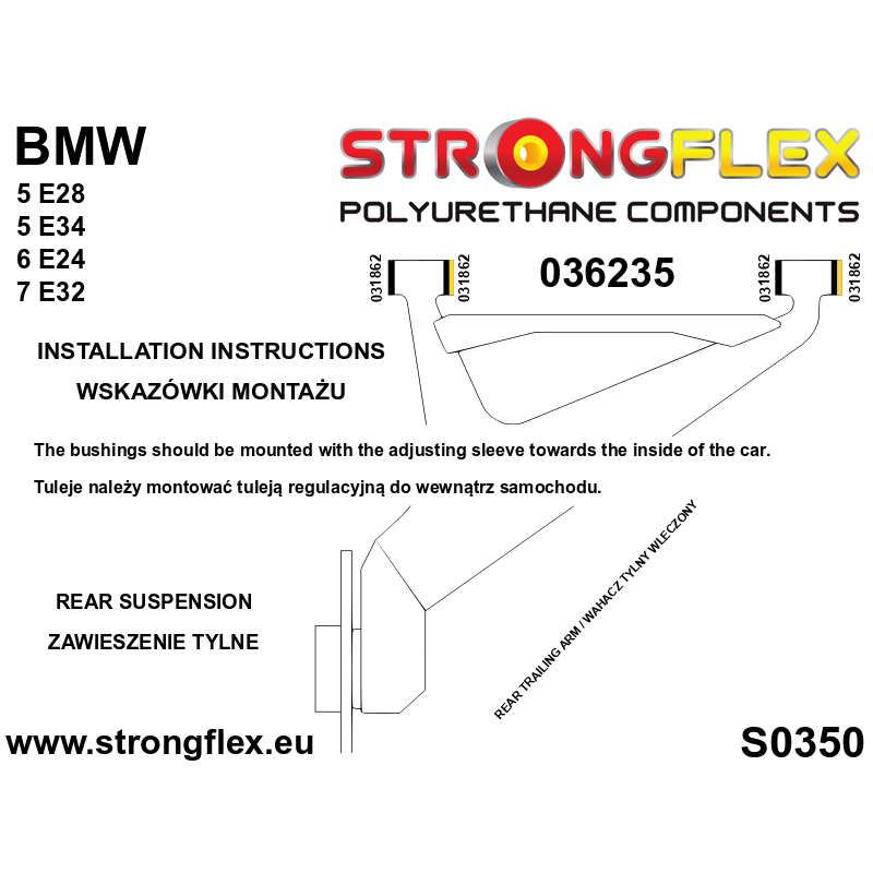 STRONGFLEX|036235A: Rear trailing arm bush kit eccentric SPORT BMW Seria 5 II 81-88 E28 III 88-96 E34 6 I 76-89 E24