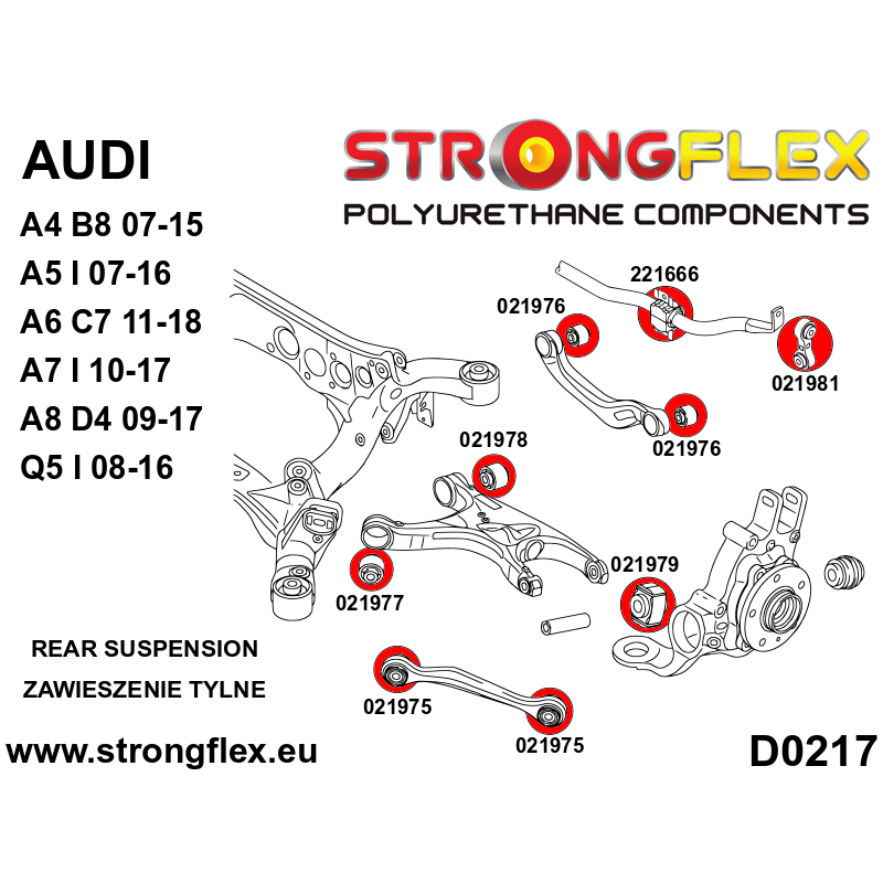 STRONGFLEX|026259A: Full suspension polyurethane bush kit SPORT Audi A4/S4 RS4 IV 07-15 B8 FWD A5 S5 RS5 8T diagram scheme:D0217