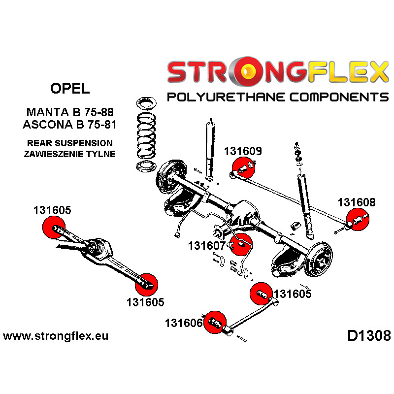 STRONGFLEX|136157A: Full suspension polyurethane bush kit SPORT Opel/Vauxhall Ascona B 75-81 Manta 75-88 diagram scheme:D1308