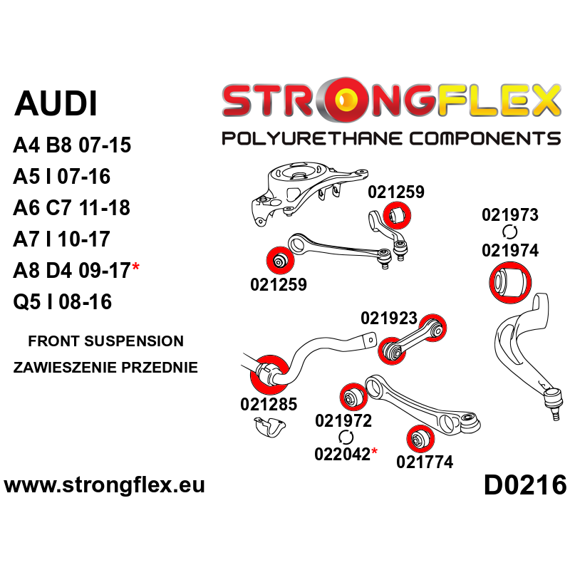 STRONGFLEX|026259A: Full suspension polyurethane bush kit SPORT Audi A4/S4 RS4 IV 07-15 B8 FWD A5 S5 RS5 8T diagram scheme:D0216