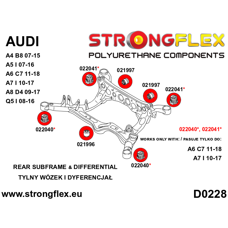 STRONGFLEX|022040A: Rear subframe - front bush SPORT Audi A6/S6 RS6 C7 11-18 FWD Quattro A7 S7 RS7 10-17 diagram scheme:D0228