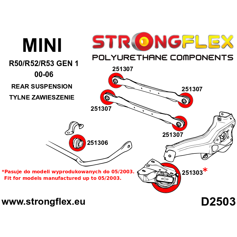 STRONGFLEX|256205A: Polyurethan Buchsensatz für Vorder-und Hinterachse bis zu 05/2003 SPORT Mini Diagramm Schema:D2503