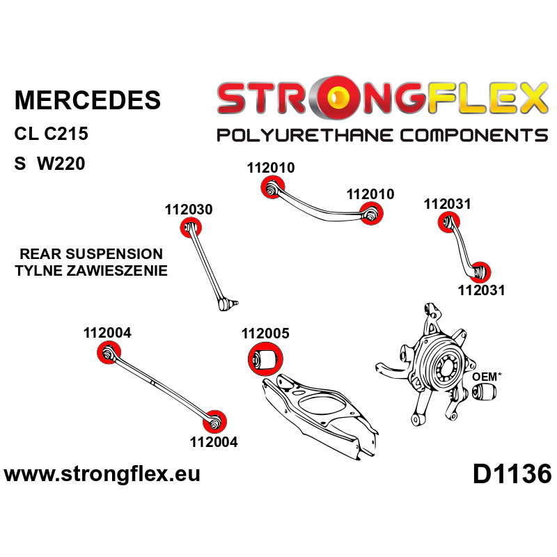 STRONGFLEX|112004A: Tuleja wahacza tylnego dolnego SPORT Mercedes Klasa E W211 02-09 RWD 4MATIC CLS C219 diagram schemat:D1136