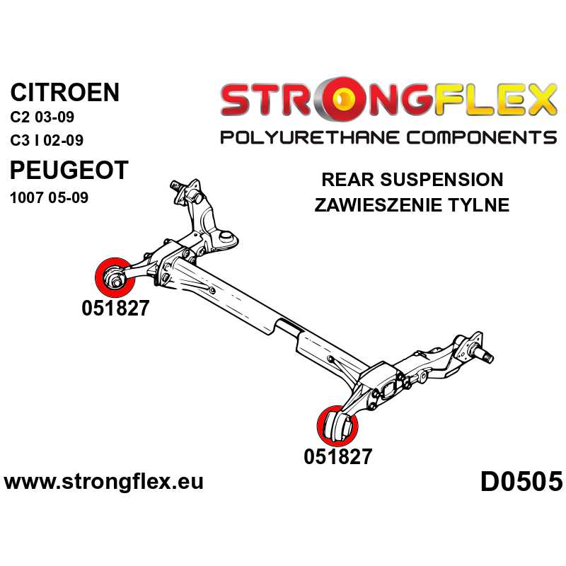 STRONGFLEX|051827A: Hinterachsträger Buchse SPORT Citroën C2 03-09 C3 I 02-12 FC/FN Peugeot 1007 Diagramm Schema:D0505