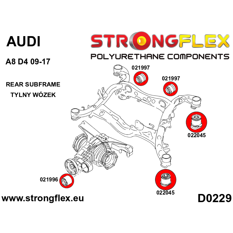 STRONGFLEX|022045A: Tuleja tylnego wózka SPORT Audi A8/S8 D4 09-17 Quattro diagram schemat:D0229