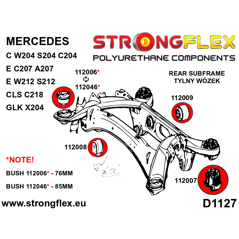 STRONGFLEX|112046A: Hintere Achsträger Vordere Buchse 85mm SPORT Mercedes GLK 08-15 X204 Klasse C W204 Diagramm Schema:D1127