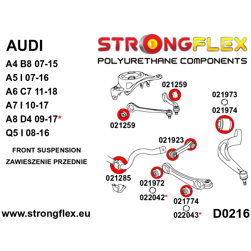 STRONGFLEX|026265A: Full suspension polyurethane bush kit SPORT Audi A6/S6 RS6 C7 11-18 Quattro A7 S7 RS7 diagram scheme:D0216