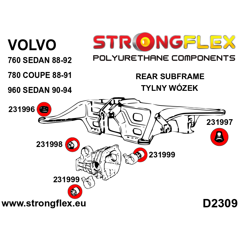 STRONGFLEX|231996A: Hintere Achsträger – vordere Buchse SPORT Volvo seria 700 760 81-92 multilink 780 Diagramm Schema:D2309