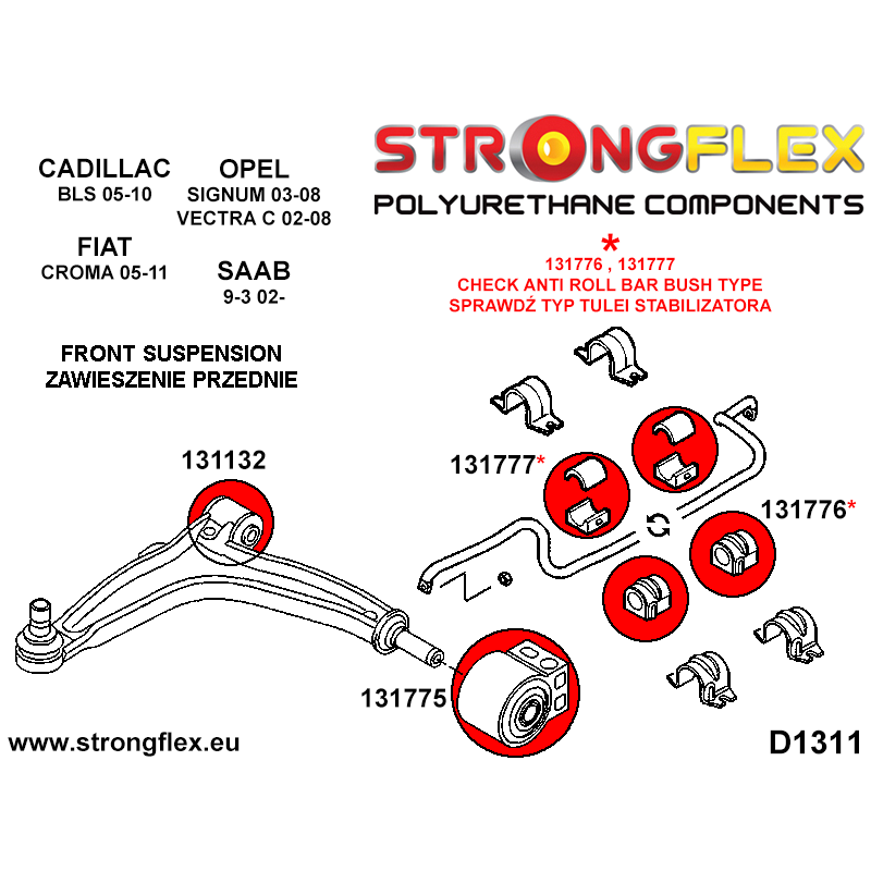 STRONGFLEX|136220A: Front suspension bush kit SPORT Fiat Croma II 05-10 Opel/Vauxhall Vectra Cavalier C diagram scheme:D1311