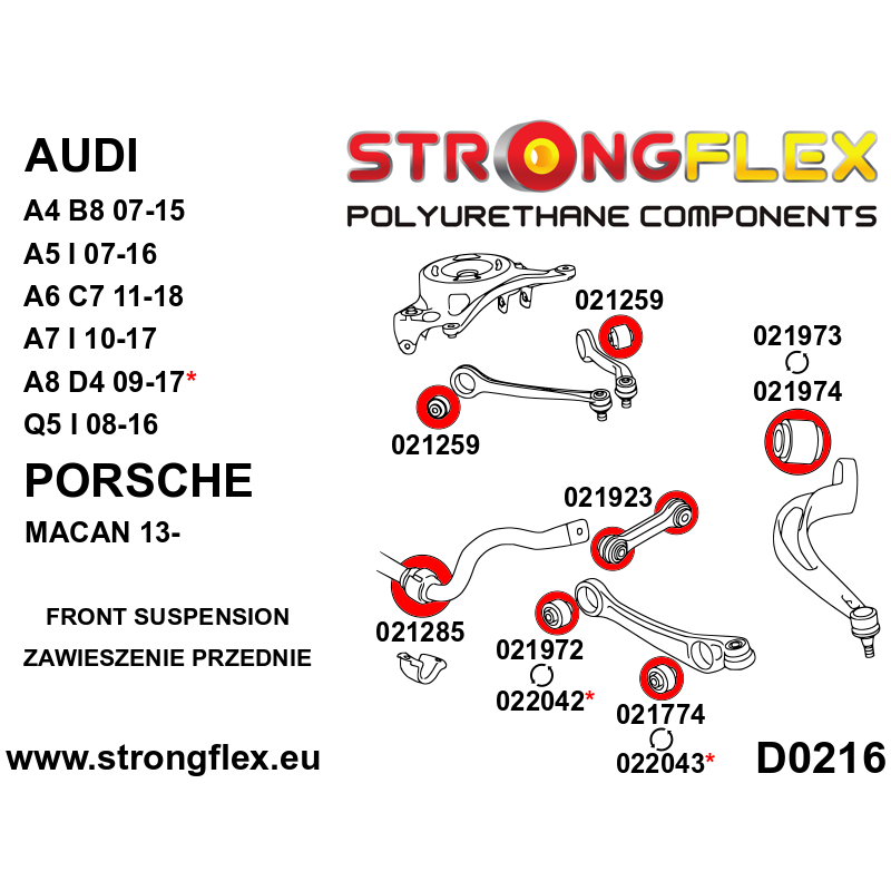 STRONGFLEX|021973A: Front lower wishbone rear bush 75mm SPORT Porsche Macan 13- Audi A4/S4 RS4 IV 07-15 B8 diagram scheme:D0216